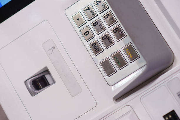 istock Front ATM panel with a keyboard for entering a password, a fingerprint scanner and a wireless connection. 922531420