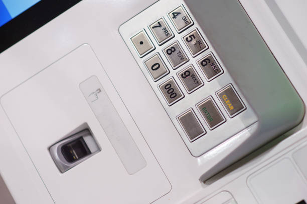 istock Front ATM panel with a keyboard for entering a password, a fingerprint scanner and a wireless connection. 922531470