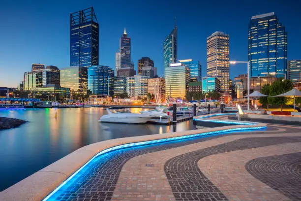 Cityscape image of Perth downtown skyline, Australia during sunset.