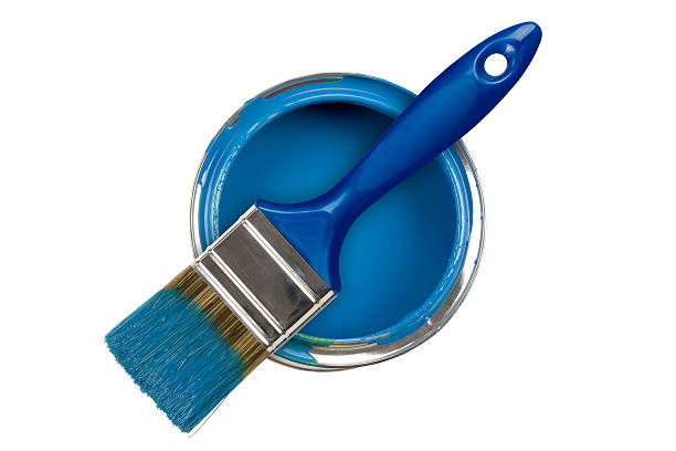 istock Overhead view of a blue paint can with a blue brush 92253435