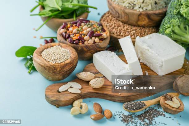 Selection Of Vegetarian Protein Sources Healthy Diet Concent Stock Photo - Download Image Now