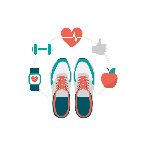 Fitness and sport Training shoes and fitness icons: healthy lifestyle and workout concept fitness stock illustrations