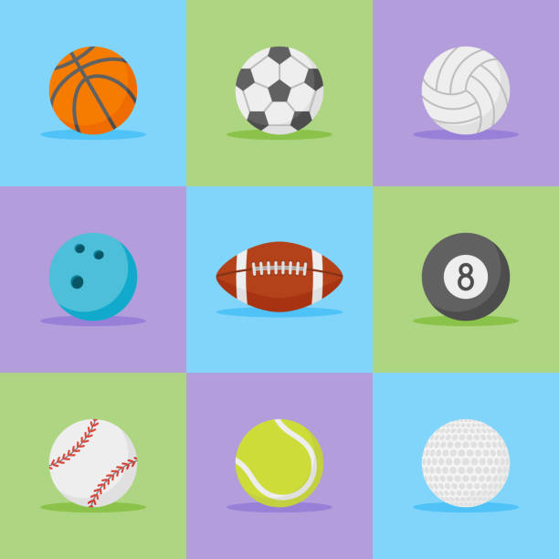 ilustraciones, imágenes clip art, dibujos animados e iconos de stock de conjunto de iconos de estilo plano de bolas de deportes. - american football playing touchdown team sport