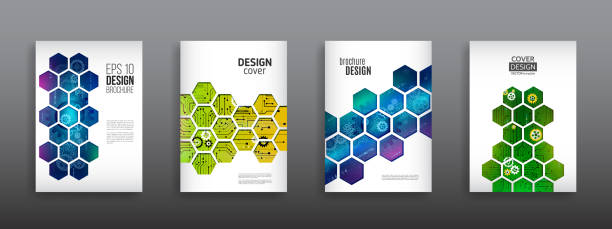 Abstract technology cover with hexagon elements. Abstract technology cover with hexagon elements. High tech brochure design concept. Futuristic business layout. Digital poster templates. page number design stock illustrations