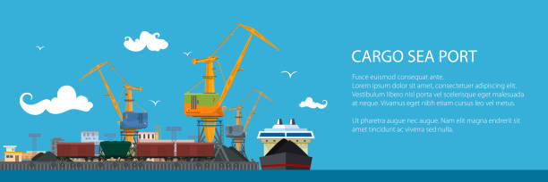 ilustrações de stock, clip art, desenhos animados e ícones de banner with cargo seaport - coal crane transportation cargo container