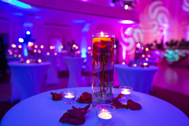 Wedding reception dining table decoration in banquet hall