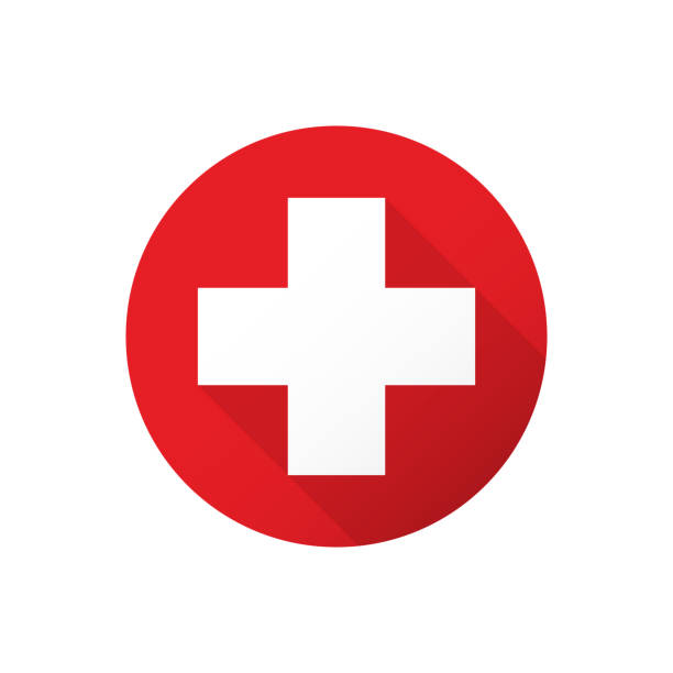 Medical white cross Firs aid medical white cross in red circle switzerland stock illustrations