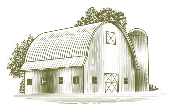 Woodcut Round Roof Barn vector art illustration