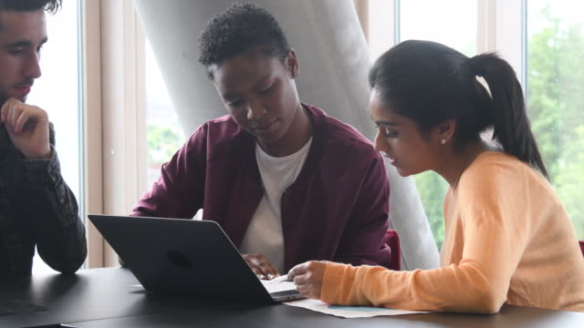 Two young women using laptop talking to male college student