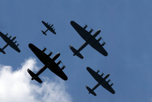 WW2 Mitchell B-25 Medium Bombers flying in V-Formation