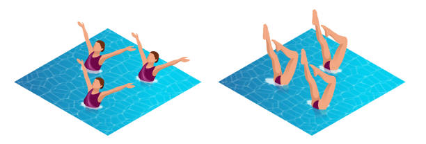 ilustrações de stock, clip art, desenhos animados e ícones de isometric womans athlete on the performance of synchronized swimming performing art elements. swimming sportswoman, swimmer team, water dance - synchronized swimming swimming sport symmetry