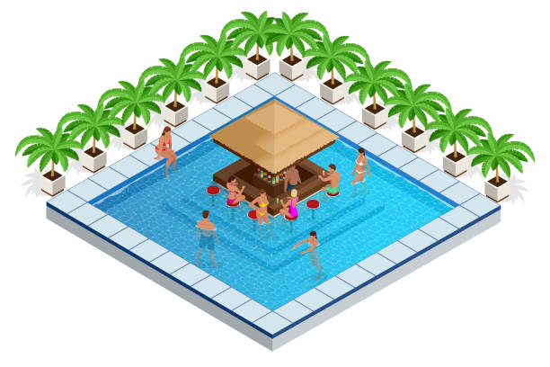 Swimming Pool with Bar Isometric Vector Illustration. young people swim in the pool, relax and drink cocktails at the bar. Swimming Pool with Bar Isometric Vector Illustration. young people swim in the pool, relax and drink cocktails at the bar. Vector illustration cafe bar counter stock illustrations