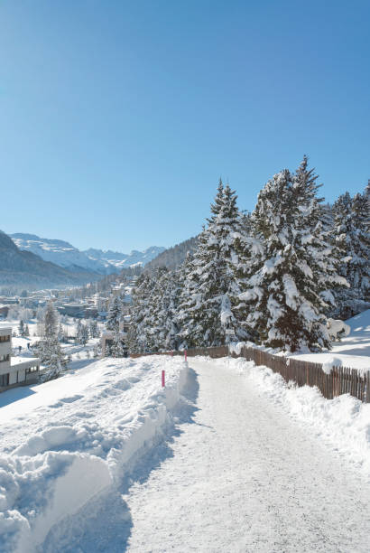 paisaje de invierno en st. moritz - st moritz engadine landscape village fotografías e imágenes de stock