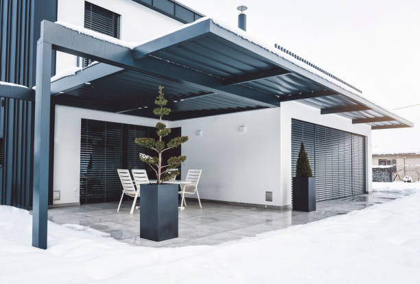 Hard roof top pergola as key feature of this modern villa