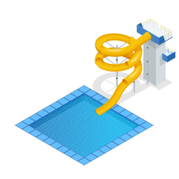 Isometric colourful water slide and tubes with pool, aquapark equipment, set for design. Swimming pool and water slides Vector illustration isolated on white background Isometric colourful water slide and tubes with pool, aquapark equipment, set for design. Swimming pool and water slides Vector illustration isolated on white background. coil tubing stock illustrations