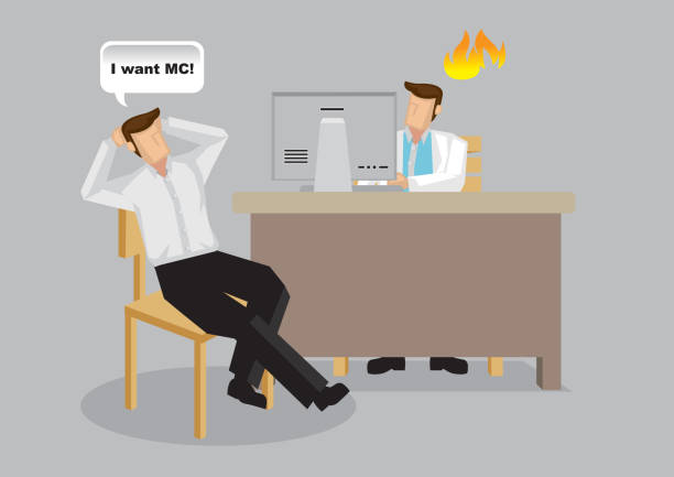 Cartoon man Demand Medical Certificate from Doctor Vector Illustration Cartoon patient in doctors office demands medical certificate from general practitioner. Vector illustration on abuses in healthcare and medical industry isolated on plain background. sick leave cartoons stock illustrations