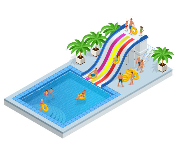 Isometric Aqua Park with water slides, water pool, people or visitors and palms. Vector illustration isolated on white background Isometric Aqua Park with water slides, water pool, people or visitors and palms. Vector illustration isolated on white background. coil tubing stock illustrations