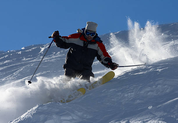 skieur en montagne de neige poudreuse - champ de bosses photos et images de collection