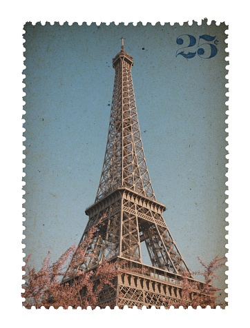 Vintage France postage stamp showing an engraved image of the Eiffel Tower in Paris