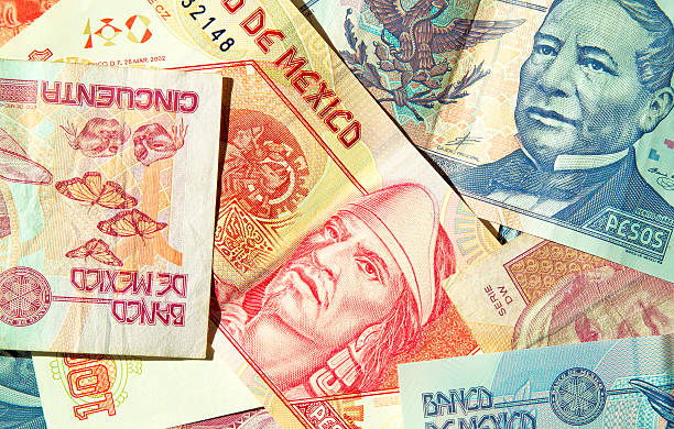 Various denominations of pesos, money from Mexico, Mexican currency.  Banco de Mexico. (macro,14MP camera)