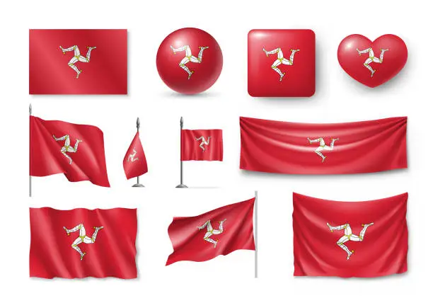Vector illustration of Set Isle of Mann flags, banners, banners, symbols, flat icon