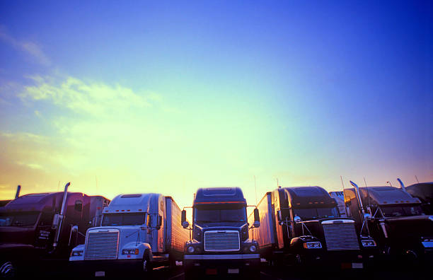 Bright sky Semi-trucks A line of trucks, room for type. haulage stock pictures, royalty-free photos & images