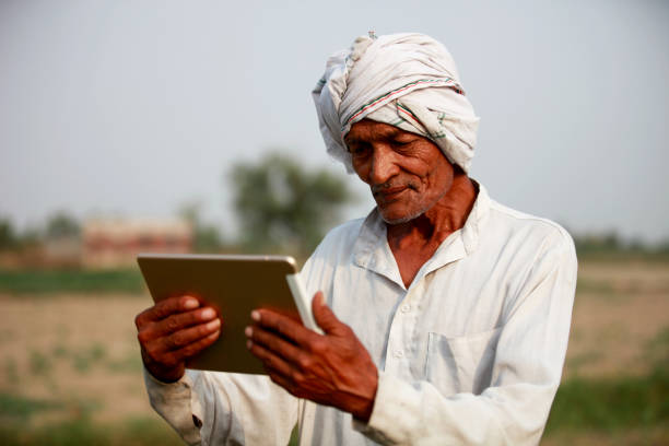 istock Cheerful farmer holding digital tablet near green field 922593834