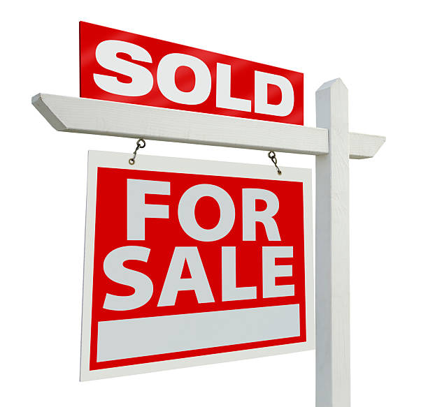 For sale real estate sign with sold sign on top Sold Home For Sale Real Estate Sign Isolated on a White Background. real estate sign photos stock pictures, royalty-free photos & images