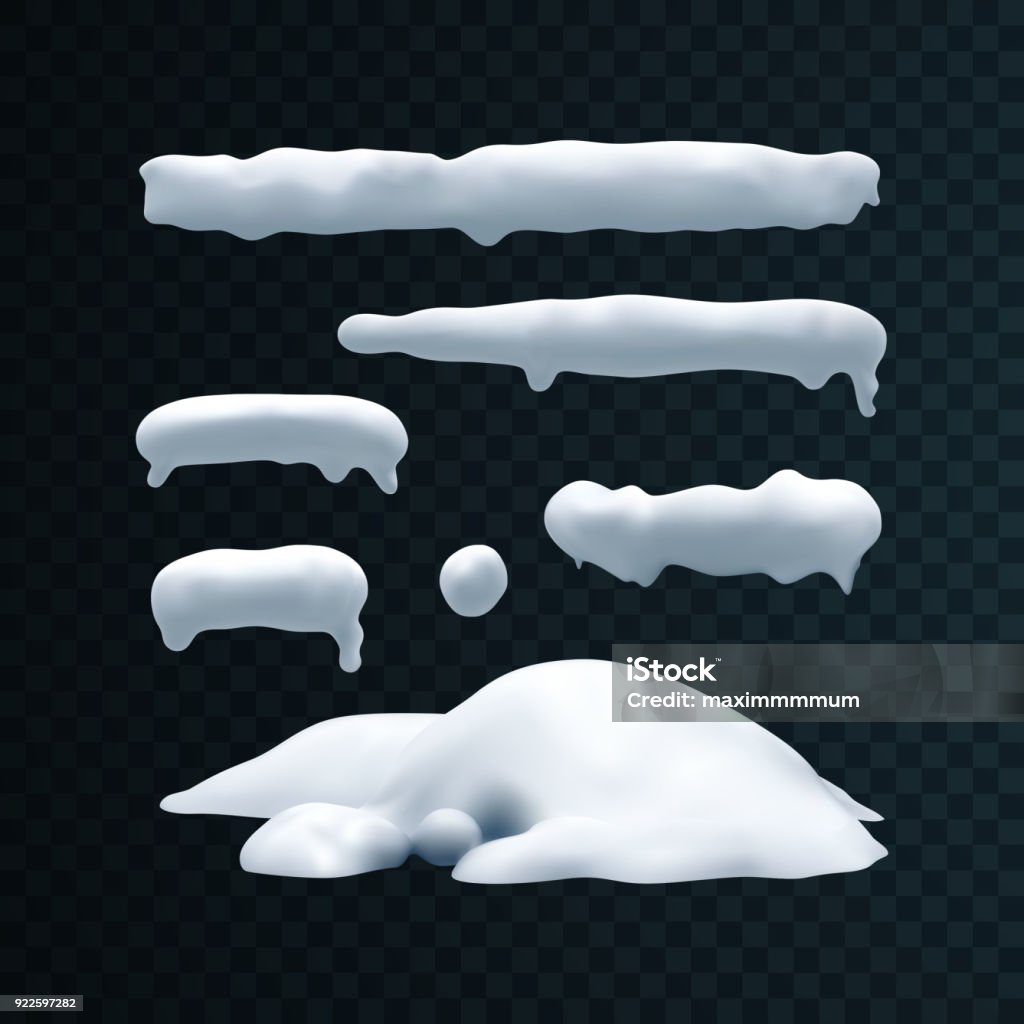 Vector set of snow caps, snowball and snowdrift Vector set of snow caps, icicles, snowball and snowdrift isolated on transparent background. Winter decorations. Seasonal elements for design Snow stock vector
