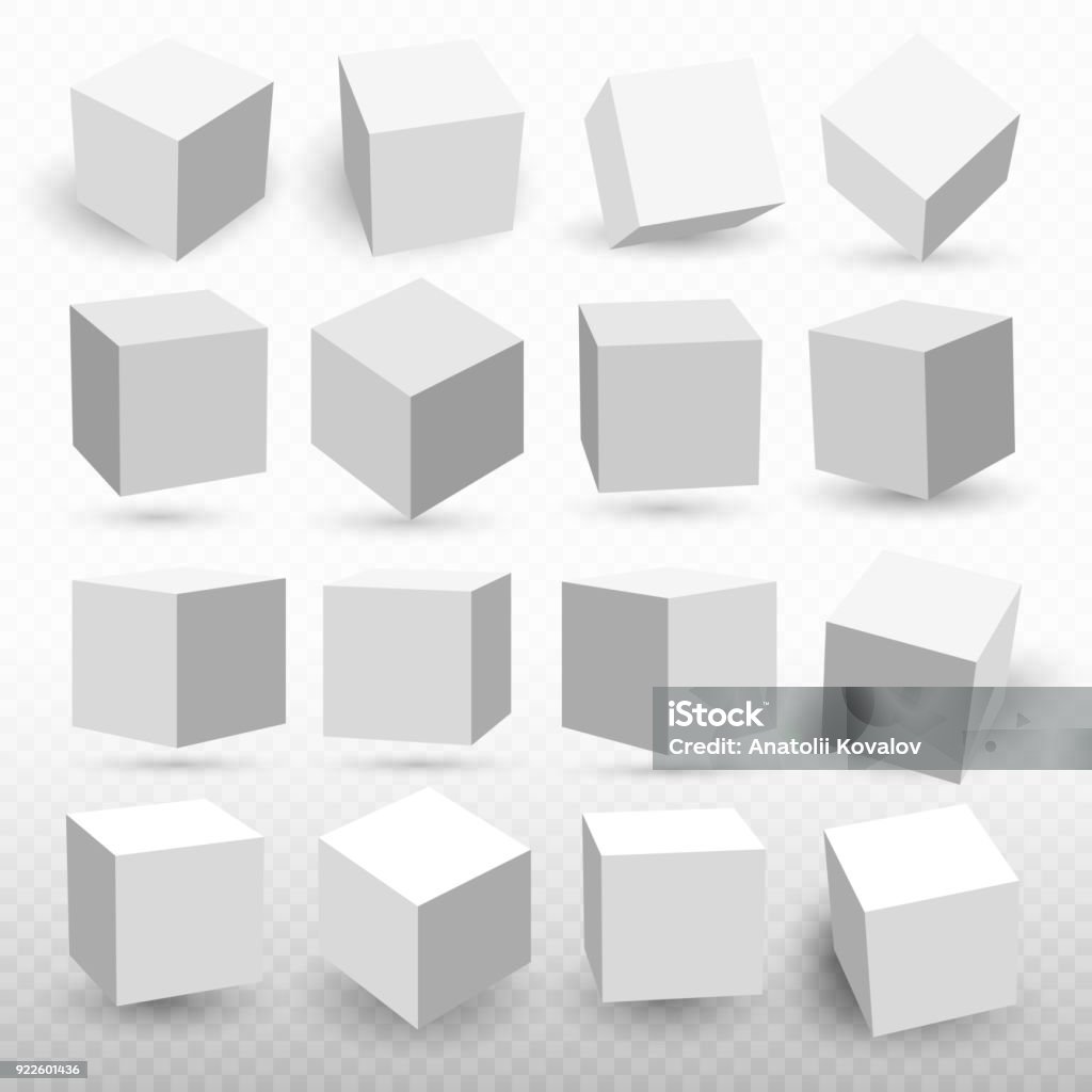 Um conjunto de ícones de cubo com um modelo de cubo 3d de perspectiva com uma sombra. Ilustração em vetor. Isolado em um fundo transparente - Vetor de Cubo royalty-free