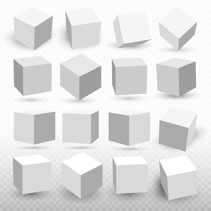 A set of cube icons with a perspective 3d cube model with a shadow. Vector illustration. Isolated on a transparent background