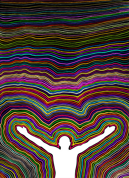 istock A man with his hands up to the sky. Abstract colorful from stripes and lines. Vector illustration. Isolated on black background 922604532