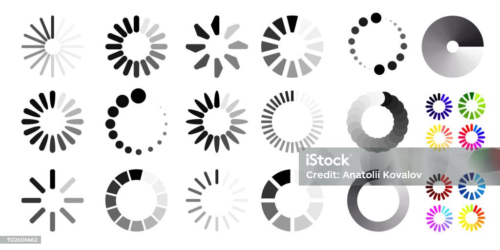 Big set of loading icons. Black and white selection. Vector illustration. Isolated on white background - Royalty-free Símbolo de ícone arte vetorial