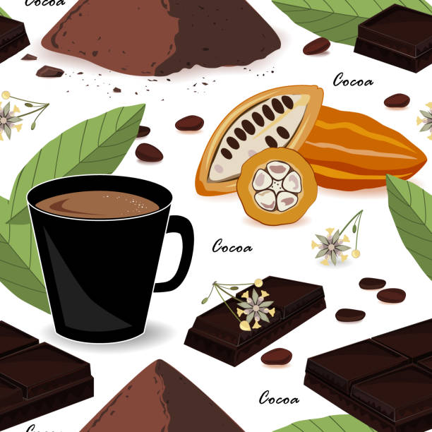 ilustraciones, imágenes clip art, dibujos animados e iconos de stock de lindo y elegante de cacao patrones sin fisuras. cacao en grano y hojas, chocolate, bebida de cacao y el polvo. ilustración de vector - chocolate cocoa hot chocolate backgrounds