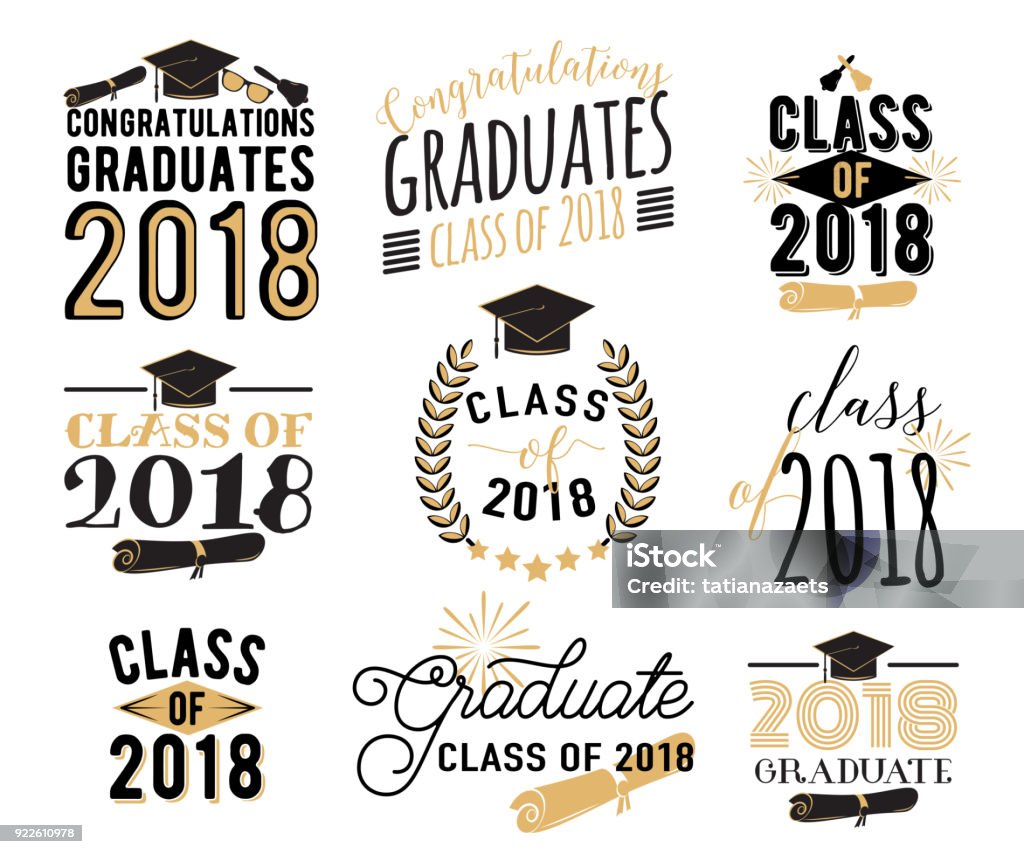 Graduation wishes overlays, labels set. Retro graduate class of 2018 badges Graduation wishes overlays, lettering labels design set. Retro graduate class of 2018 badges. Hand drawn emblem with sunburst, hat, diploma, bell. Isolated. Sign or symbol Graduation stock vector