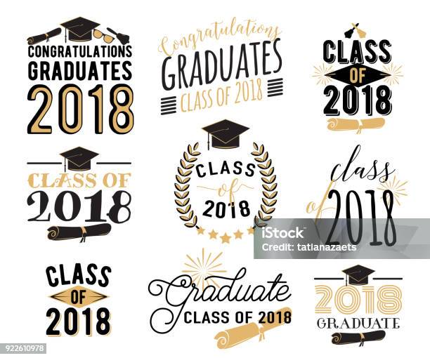 Graduation Wishes Overlays Labels Set Retro Graduate Class Of 2018 Badges Stock Illustration - Download Image Now