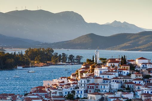 View of Poros island and mountains of Peloponnese peninsula in Greece.
