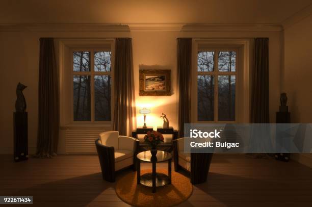 Art Deco Living Room Stock Photo - Download Image Now - Night, Living Room, Window