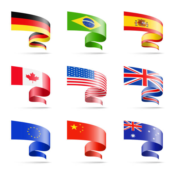 beyaz bir arka plan üzerinde şeritler şeklinde popüler ülkelerin bayrakları sallayarak. - spain germany stock illustrations