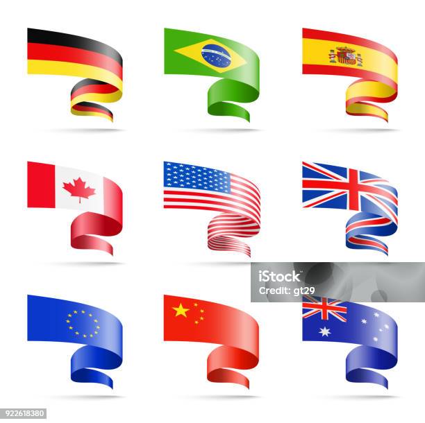 在白色背景上以絲帶的形式揮舞著流行國家的旗幟向量圖形及更多旗幟圖片 - 旗幟, 橫額, 美國