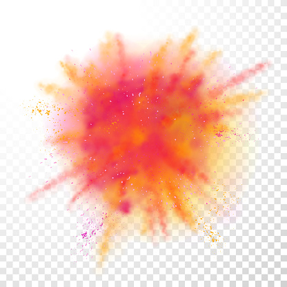 Paint powder explosion on transparent background. Vector bright color paint particles dust explode or splash  for celebration or Holi Indian Hindu holiday colors  festival design element