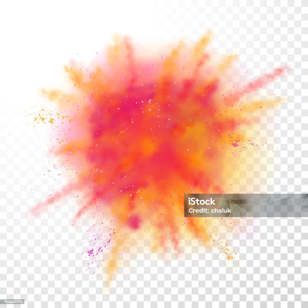 Paint powder explosion on transparent background. Vector bright color paint particles dust explode or splash  for celebration or Holi Indian Hindu holiday colors  festival design element Exploding stock vector