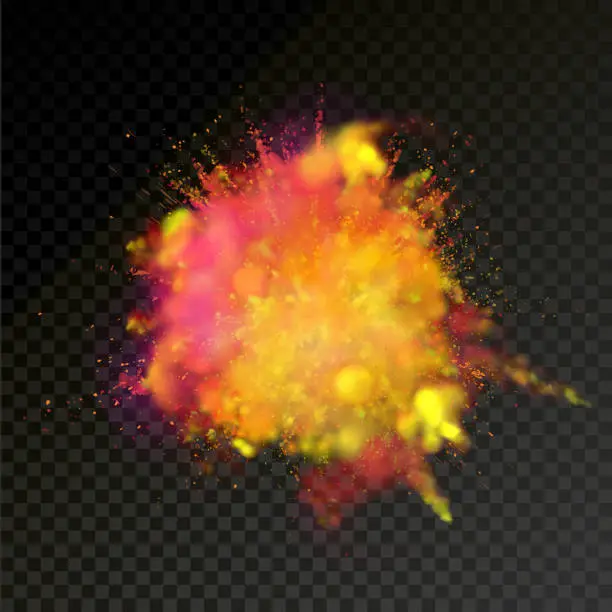 Vector illustration of Paint powder explosion on transparent background. Vector bright color paint particles dust explode or splash  for celebration or Holi Indian Hindu holiday colors  festival design element