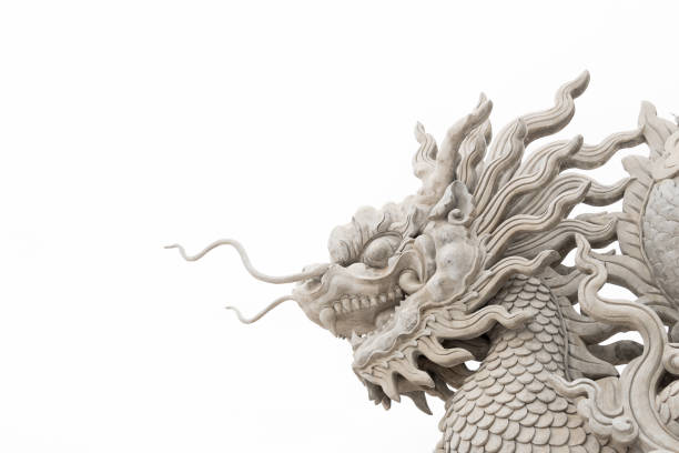 Chinese dragon head statue isolated on white background.