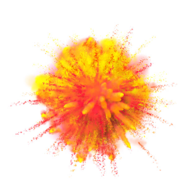 istock Paint powder explosion on white background. Bright orange yellow red color paint particles dust explode or splash  for celebration or Holi Indian Hindu holiday colors  festival design element 922632410