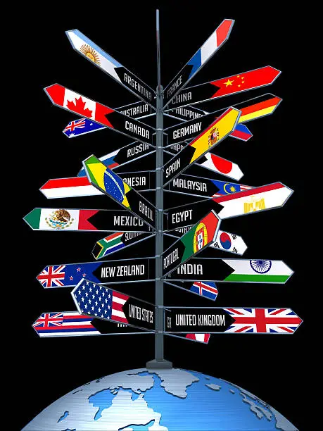 Photo of Graphic of many national flags on a single flagpole on globe