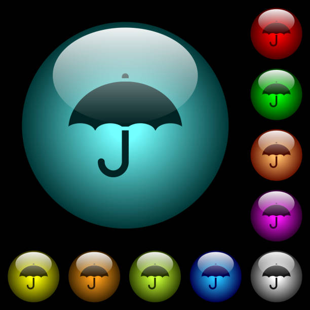 Umbrella icons in color illuminated glass buttons Umbrella icons in color illuminated spherical glass buttons on black background. Can be used to black or dark templates aegis stock illustrations