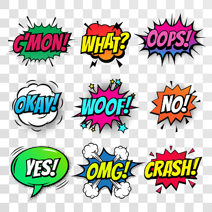 Comic text speech bubbles vector isolated templates set. Pop art Sound effect Oops, Come on,  What, Whoof and No or Crash, OMG and Yes cloud icon of color phrase color lettering on white background