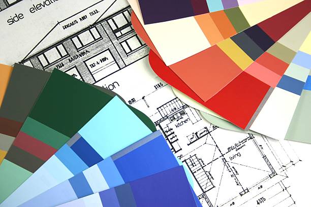 nova casa edifício - home decorating fabric swatch color swatch blueprint imagens e fotografias de stock