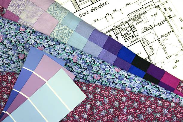 decoração de interior - home decorating fabric swatch color swatch blueprint imagens e fotografias de stock